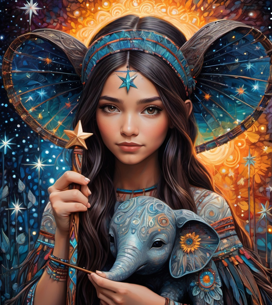 Prompt: The native american pretty girl holding her star magic wand posing with her cute elephant friend. In style of james r eads,  Sam Toft, Anna dittmann, Justin Gaffrey, John Lowrie Morrison, Patty Maher, John Ruskin, Chris Friel, van Gogh. 3d, extremely detailed, intricate cinematic lighting, high definition 