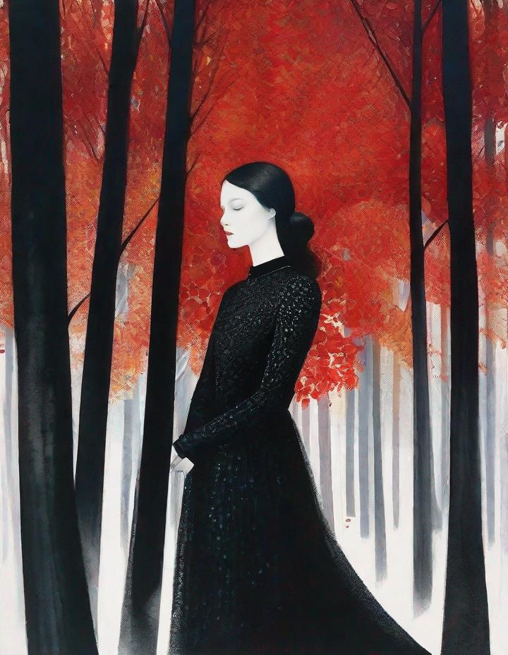 Prompt: A beautiful young lady, beautiful face, wearing opalescent black dress in a ghostly forest of white stem trees with red leaves, god rays through the tees, rim lighting, art by Camille Vivier,  Yves Saint-Laurent, Paolo Roversi, Thomas Edwin Mostyn, Hiro isono, James Wilson Morrice, Axel Scheffler, Gerhard Richter, pol Ledent, Robert Ryman. Guache Impasto and volumetric lighting. 3/4 portrait, Mixed media, elegant, intricate, beautiful, award winning, fantastic view, 4K 3D, high definition, hdr, focused, iridescent watercolor and ink