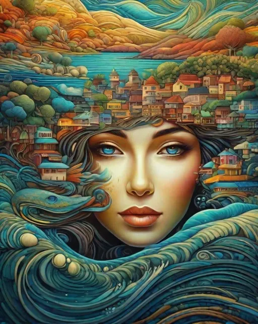 Prompt: abstract art of a woman on an ocean landscape, in the style of psychedelic portraits, steve sack, fantastical street, detailed arboreal facial features, uhd image, naoto hattori, colorful street murals 