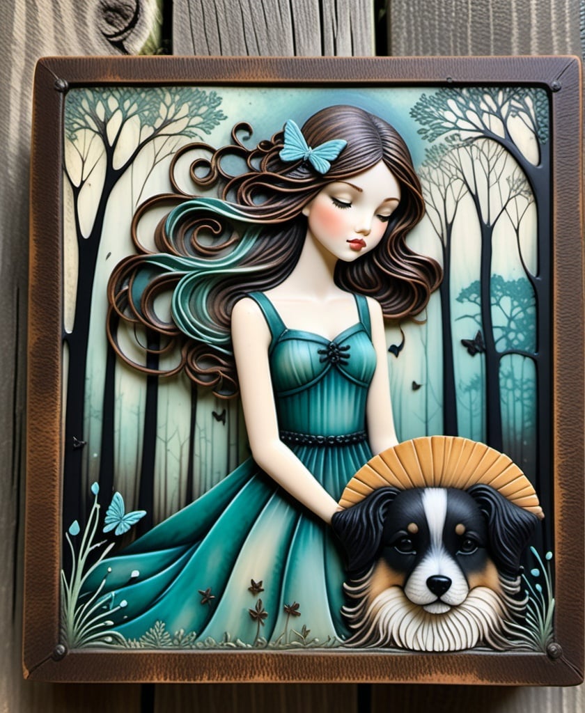 Prompt: Encaustic Gritty patina paint, The beautiful darling young lady with blowing hair and a silly dog art by Jessica Galbreth, Katie Scott. Dreamy atmosphere, Whimsical forest background, Extremely detailed, intricate, beautiful. 
