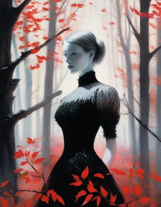 Prompt: A beautiful young lady, beautiful face, wearing opalescent black dress in a ghostly forest of white stem trees with red leaves, god rays through the tees, rim lighting, art by Camille Vivier,  Yves Saint-Laurent, Paolo Roversi, Thomas Edwin Mostyn, Hiro isono, James Wilson Morrice, Axel Scheffler, Gerhard Richter, pol Ledent, Robert Ryman. Guache Impasto and volumetric lighting. 3/4 portrait, Mixed media, elegant, intricate, beautiful, award winning, fantastic view, 4K 3D, high definition, hdr, focused, iridescent watercolor and ink