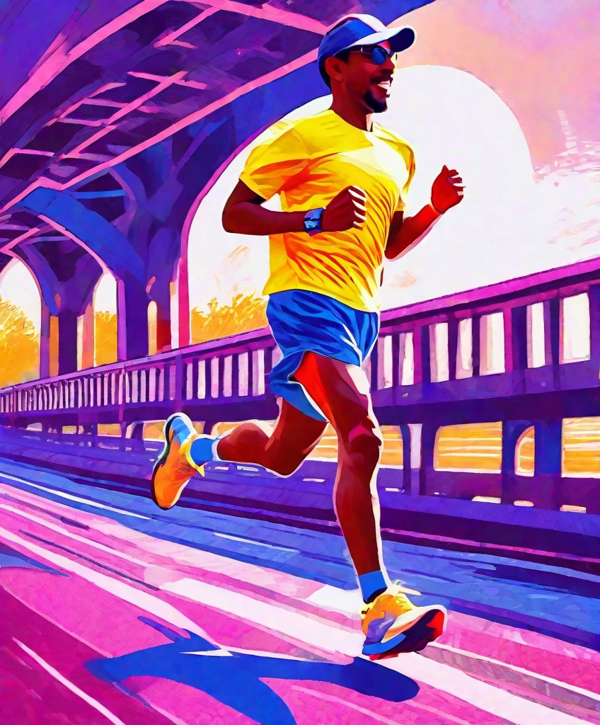 Prompt: a impressionist illustration of a person running a marathon on side walk along the river, bridge up river, low angle shot under running shoe, additional runners behind subject, early morning sunrise, feeling of happines, art that plays with scale, blue violet and magenta hues