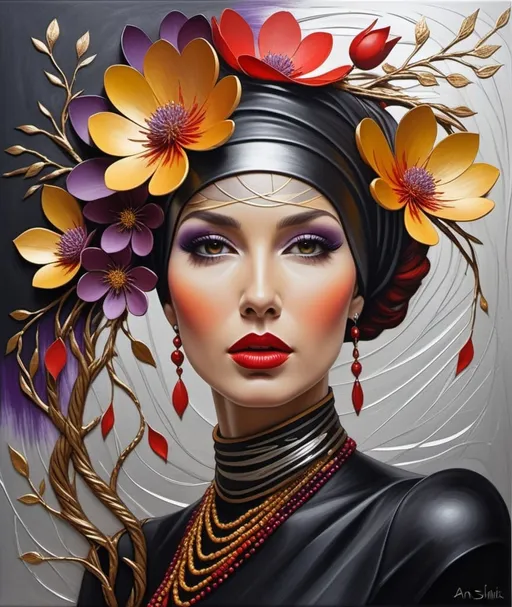 Prompt: Figurative art, textured painting, acrylic 3d texture, a painting of a woman with sculptural turban hair made of branches and gradient red yellow purple cartonnage flowers flowing in the wind, wearing a black high neck dress, Anna Silivonchik, Caia Koopman, endre penovac, abstract silver copper patina background, highly detailed digital painting, a fine art painting