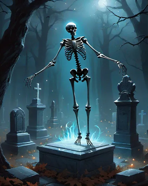 Prompt: one will-o'-the-wisp dancing on a marble grave, the will-o'-the-wisp has arms and legs, the will-o'-the-wisp is dancing, a skeleton s watching, dark cemetery background, illustration designed by Christopher Balaskas 