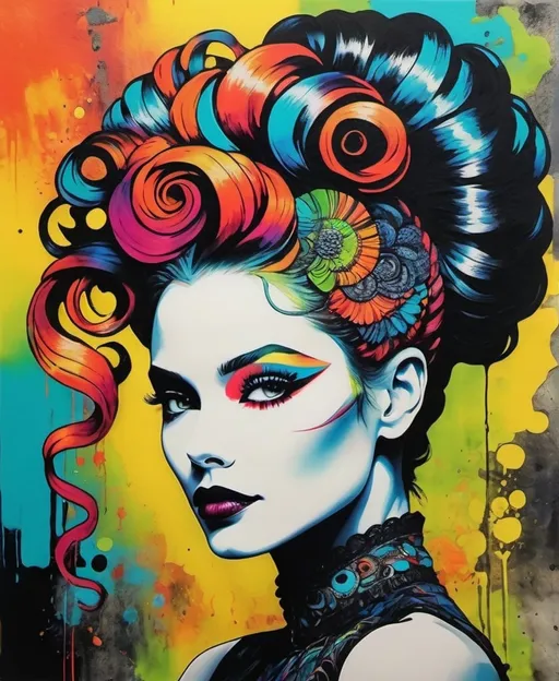 Prompt: A vibrant, colorful artwork of a woman with an elaborate, abstract hairdo and striking makeup, black inking outline with vibrant coloring,  Android Jones, decoupage, impasto, encaustic texture 