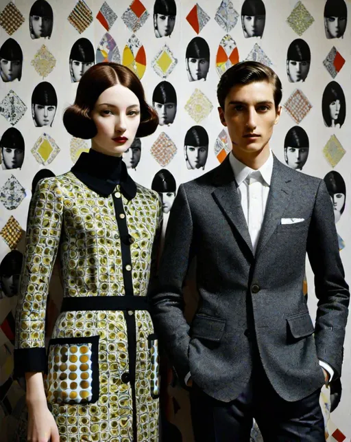 Prompt: sartorialist boy and girl of vibrant fabric in fornasetti style, by laurie simmons, minimal figures