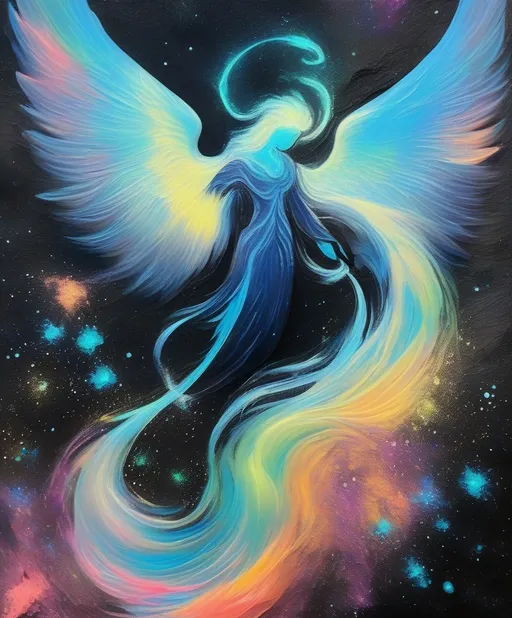 Prompt: Beautiful Ophidian Angel demon made of bioluminescent hyperbolic graffiti, cosmic dust, impressionistic color palette, impasto, craquelure 