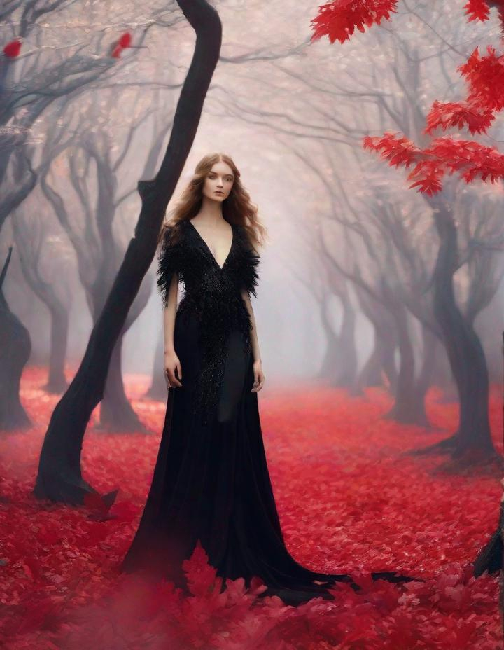 Prompt: 3/4 head shoot: A beautiful young lady, beautiful face, wearing opalescent black dress in a ghostly forest of white stem trees with red leaves, god rays through the tees, rim lighting, art by Mariano Vivanco,  Yves Saint-Laurent, Albert Watson, Thomas Edwin Mostyn, Hiro isono, James Wilson Morrice, Axel Scheffler, Gerhard Richter, pol Ledent, Robert Ryman. Guache Impasto and volumetric lighting. 3/4 portrait, Mixed media, elegant, intricate, beautiful, award winning, fantastic view, 4K 3D, high definition, hdr, focused, iridescent watercolor and ink