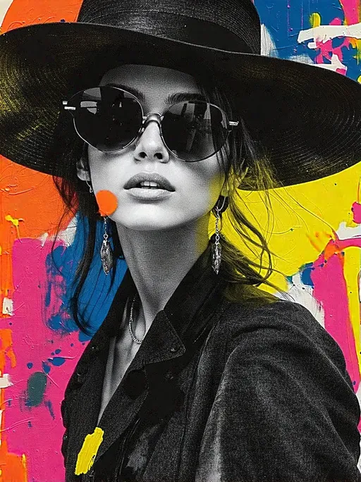 Prompt: bold brushstrokes, sketch lines, neon glamour, style by gosho aoyama and henri matisse, stylish woman with large sunglasses and a wide-brimmed hat, set against a vibrant, abstract background filled with bright splashes of neon orange, yellow, and blue. The image has a graphic, edgy feel, with bold, rough black lines outlining the woman's features and clothes, creating a contrast with the colorful patterns behind her. Her earrings dangle prominently, and she exudes a cool, confident air. The style is reminiscent of a modern digital collage or street art with a pop art influence. 