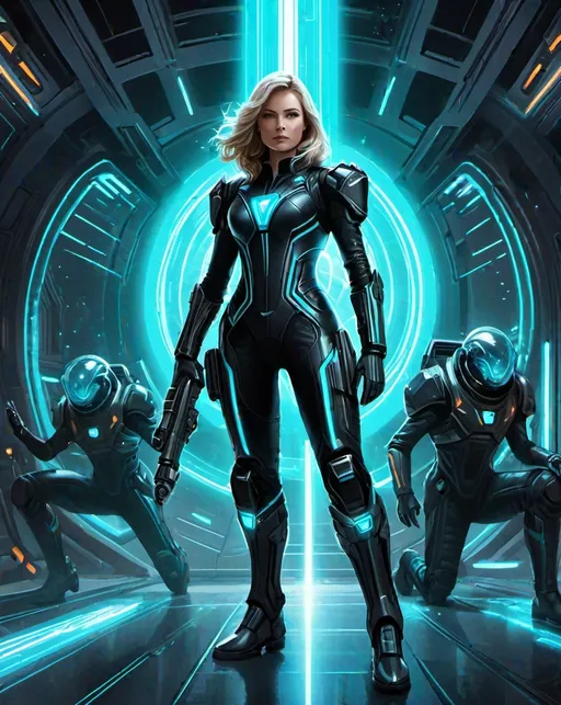 Prompt: Full body picture of a female science fiction space wizard in a black formfitting spacesuit with neon cyan trimmings channelling energy from a plasma conduit and using it to defend against an attacking alien menace surrounded by Will-o'-the-wisp companions 