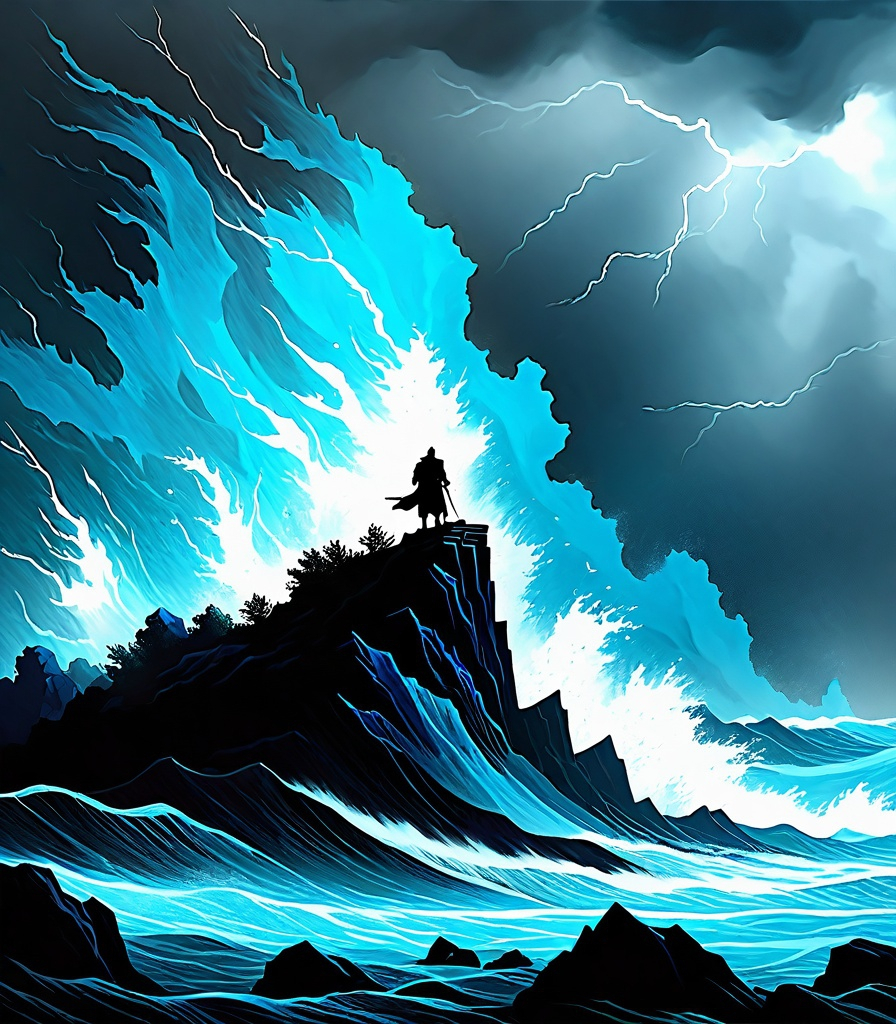 Prompt: Low angle view of a medieval grunge hero on a cliff::2 overlooking a turbulent sea::1.5 Waves crashing against the rocks, spray mingling with the mist from the sea::1.5 Stormy night, lightning illuminating the fortress and the sea, creating dramatic contrasts::1.5 Acrylic painting, bold strokes, dark blues and grays, with flashes of white for the lightning::1.5 Text, ancient nautical charts and sea monster illustrations bordering the artwork::2