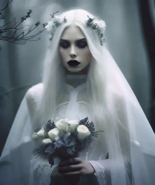 Prompt: Eerie beautiful diaphanous forest mage, floating long platinum white hair, porcelain skin, beautiful eyes, black lipstick, ethereal silver shimmering clothes, surrounded by ghostly beautiful flowers forest illuminated by a night rim lighting through the trees, foggy art by Monia Merlo, Sarah moon, Agnieszka Lorek, John Larriva, William Oxer, Nickolas Muray, Inna Mosina, Angus McBean, elsa Bleda, Elger Esser. 3/4 body shoot, Ethereal foggy background, chiaroscuro lighting, Mixed media, 3d, extremely detailed, intricate, high definition