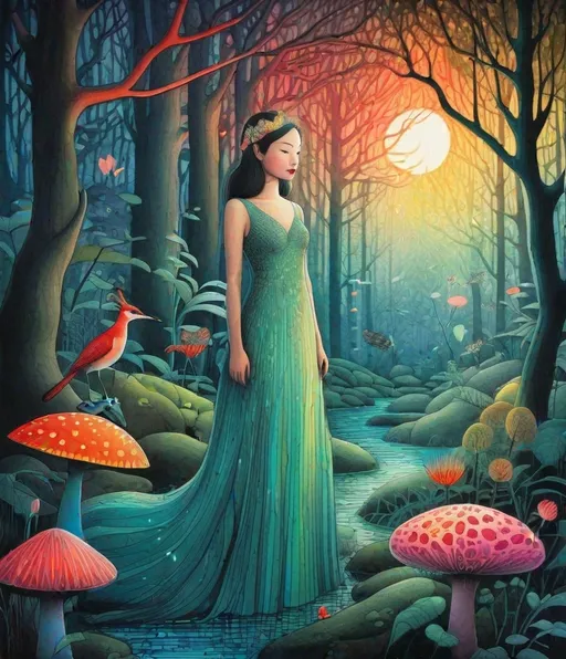 Prompt: The very Pretty girl and beautiful creatures at a magical night forest Illustration art by Loish, Michael Leunig, Edward Okun, anna dittmann, Kazumasa Nagai, Desmond Morris. 3/4 body portrait, 3d, Watercolor and ink, impasto, volumetric lighting, spectacular, intricate, beautiful, fantastic view, extremely detailed