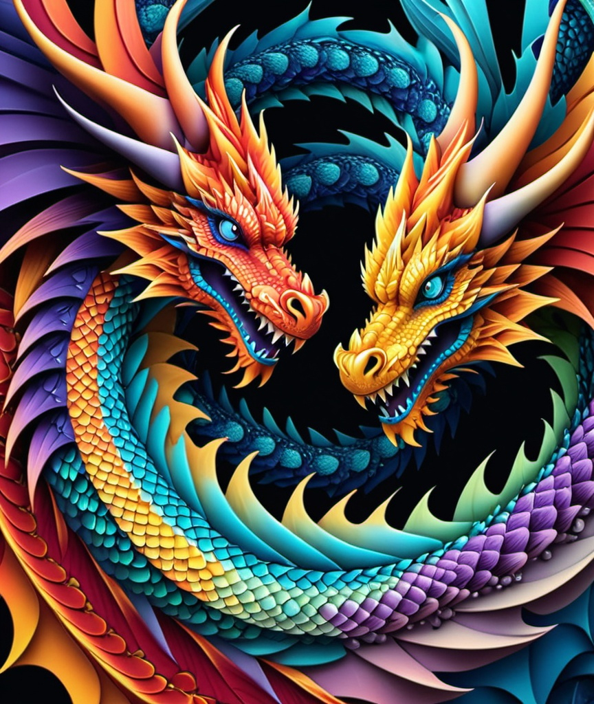 Prompt: hot vs cold Hyper realistic huge dragon Kaleidoscope of colors, abstract vector fractal, Zentangle, 3d shading colorful art. 