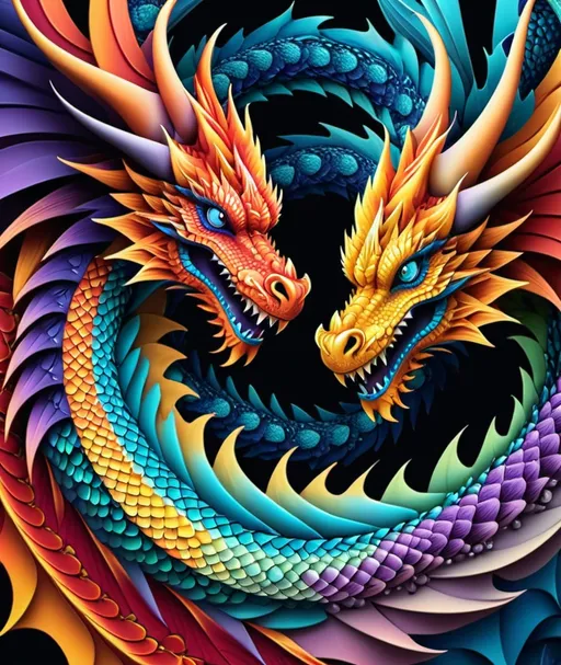 Prompt: hot vs cold Hyper realistic huge dragon Kaleidoscope of colors, abstract vector fractal, Zentangle, 3d shading colorful art. 
