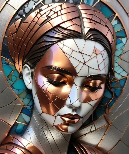 Prompt: a highly detailed abstract woman in silver rose gold patina metal with beautiful vibrant colors, elements of kintsugi, the background is opalescent stone textured and there's a small  glow on top of it, there are some cracks in metal that have been filled with acrylic paint, the bottom half has golden streaks of light shining through from behind