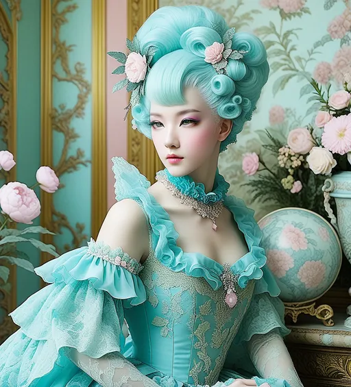 Prompt: Chalcedonypunk, rococo renaissance satyr pastel lace, Korean toile in background 