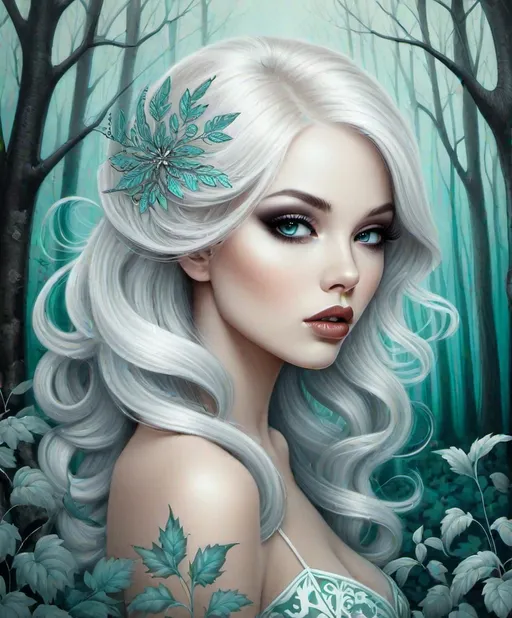 Prompt: The beautiful young lady with blowing platinum hair illustration art by Lori Earley, Daria Endresen, Tristan Eaton. Whimsical forest background, Extremely detailed, intricate, beautiful. 
