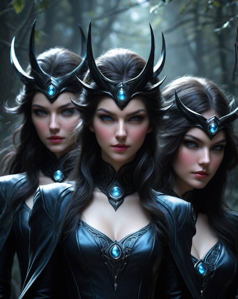 Prompt: the mean will-o'-the-wisp girls giving you the side eye, gorgeous, photorealistic, dynamic, hecate, the fates, stylish