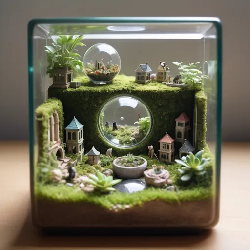 Prompt: bullet hole view of A tile shifted photo of a terrarium containing a miniature city overgrown with flora inside of a bento boxhypnotic hyperroodles superimposing themselves on alienated lifestyles. versatile cat themed escapades. exaggerated belief systems. photo of people battling with their thoughts alone