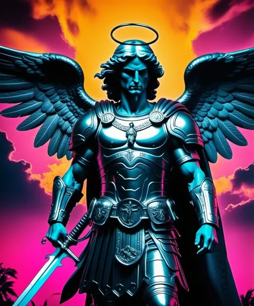 Prompt: Saint Michael the *Synthwave Ambrotype* Archangel, defend us in battle. Be our protection against the wickedness and snares of the evil; who wander through the world for the ruin of souls. 