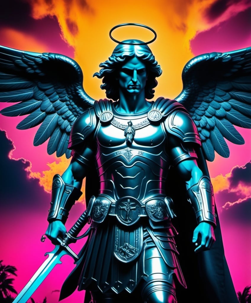 Prompt: Saint Michael the *Synthwave Ambrotype* Archangel, defend us in battle. Be our protection against the wickedness and snares of the evil; who wander through the world for the ruin of souls. 