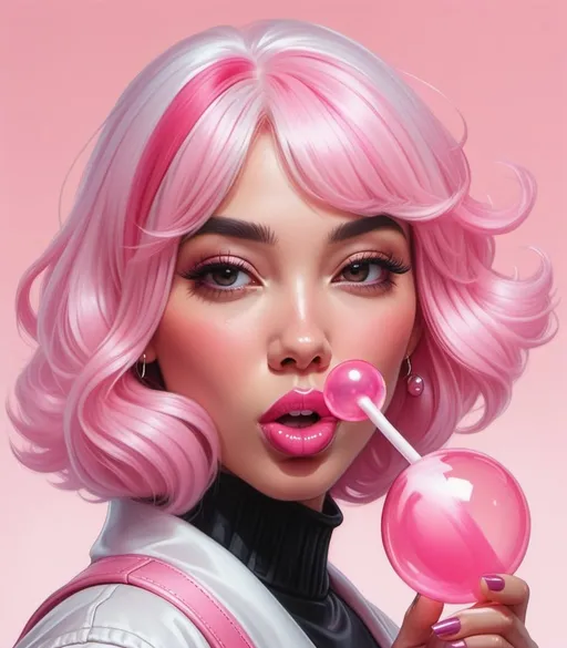 Prompt: a woman with a pink bubblegum bubble in her mouth with a pink and white hair, and a pink background, Artgerm, aestheticism, trending on artstation hq, a photorealistic painting