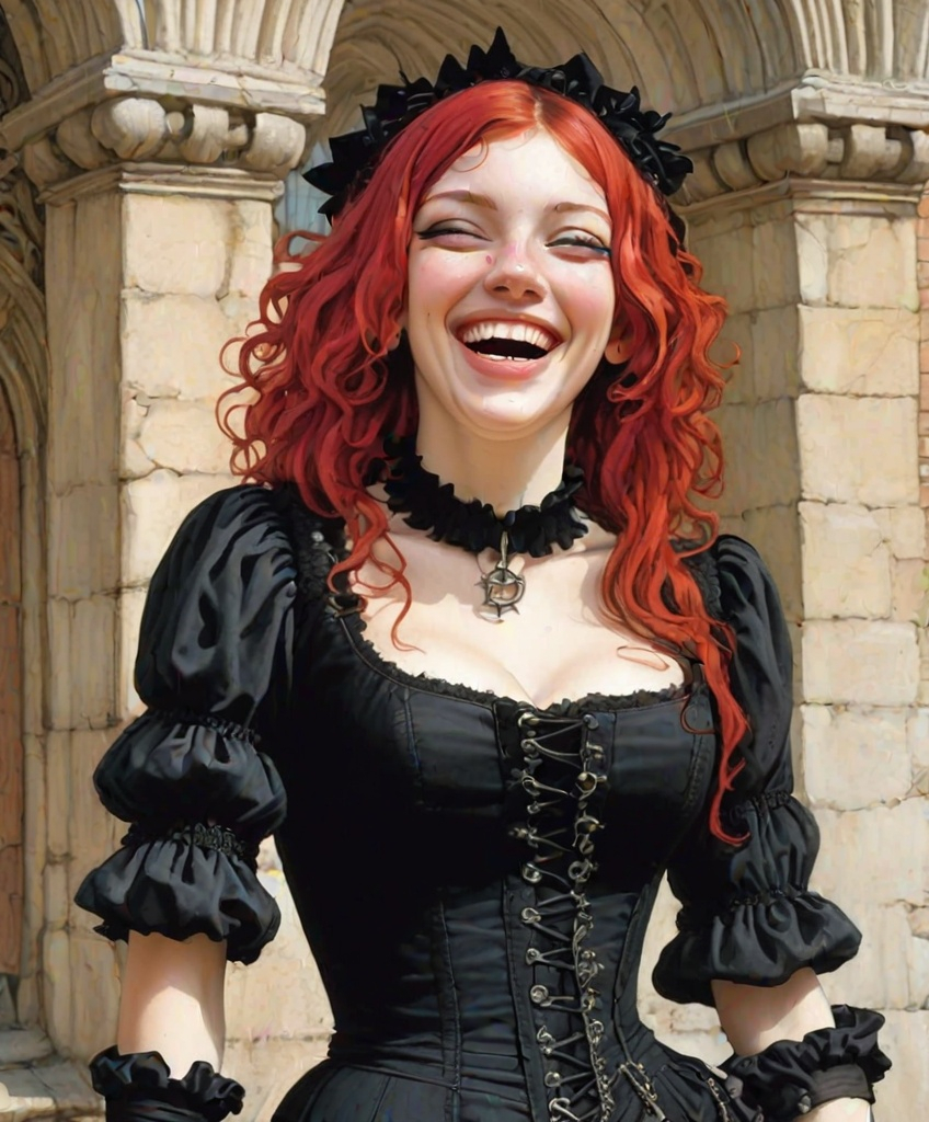 Prompt: botticelli beautiful goth punk rock woman medieval grunge rebellion laughing smile 