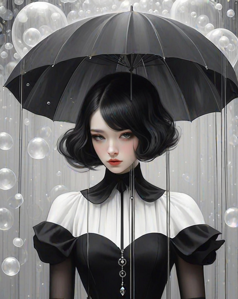 Prompt: an illustration of an umbrella by a woman in a black dress, in the style of neo-pop surrealism, white and gray, emotional portraiture, vienna secession, bubble goth, suspended/hanging, charming characters 
