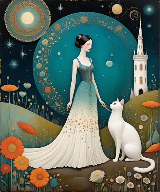 Prompt: Art style by Sam Toft, Florine Stettheimer, Dina Wakley, catrin welz-stein, Gabriel Pacheco, Elisabeth Fredriksson, using encaustics Paint and sandpaper to give the image texture: a stylized elegant whimsical slander tall girl with pale skin, wearing a long, ornate dress with intricate patterns and warm, earthy colors, walking beside a big tall fluffy white cat. The setting is ethereal, with a background of a starry sky that merges into a swirling cosmos with celestial bodies and vibrantly colored, stylized planetary rings. The ground is adorned with delicate, stylized flowers, suggesting an otherworldly garden. Both characters have a serene expression, and their presence adds a magical and surreal touch to the scene.