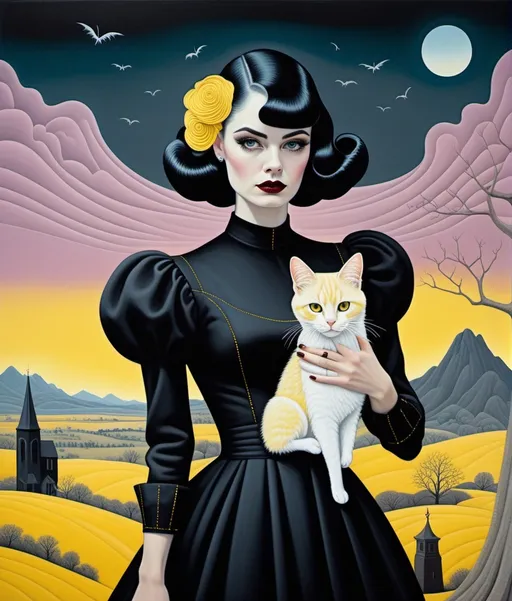 Prompt: Ghostly eccentric young lady, Rockabilly fashion hair style, wearing a strange asymmetrical black dress with white random stitches, holding a creepy cute yellow cat, Vladimir Tretchikoff, Ruben Ireland, Paolo Uccello, a surreal dreamy landscape background by Sam Chivers, piercing odd colored eyes
