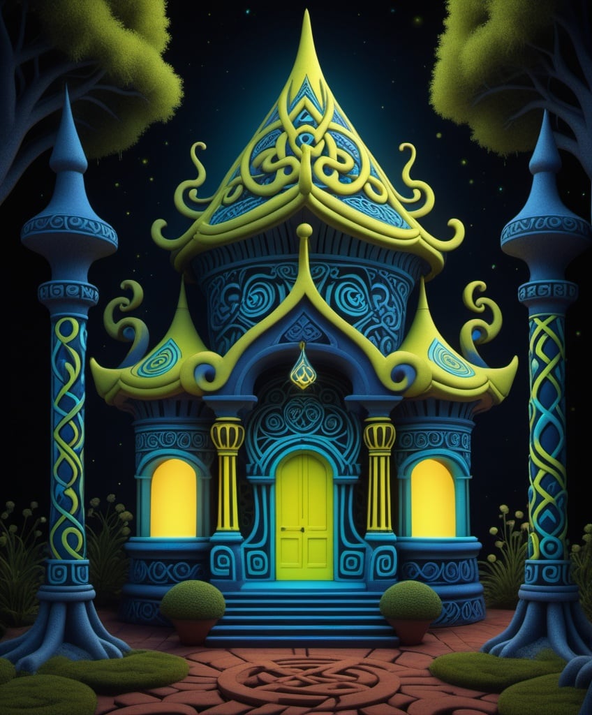 Prompt: Phosphorescent Architecture in the style of rendered in cinema4d, jim woodring, detailed whimsical structures, terracotta, cinestill 50d, Celtic knotwork by Tim shumate, neon yellow and and blue, smokey dark background