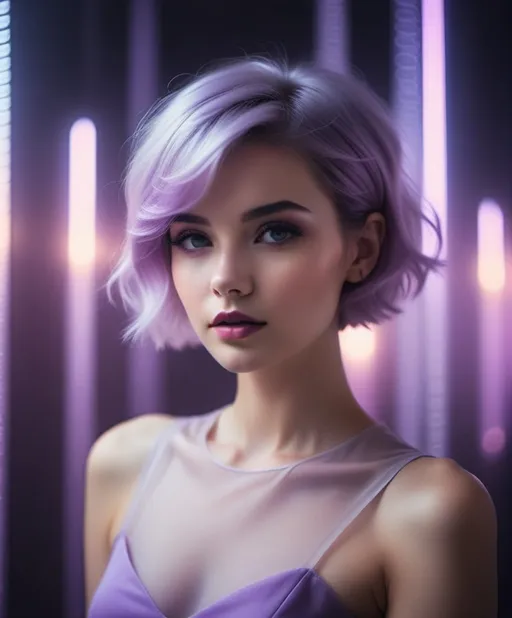 Prompt: Ethereal Beautiful girl, short hair, retrofuturistic film noir, translucent lilac glowing haze dreamy atmosphere.