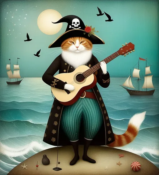 Prompt: Style by Gabriel Pacheco, Catrin Welz-Stein, Dee Nickerson, Kathleen Lolley, Tara McPherson, The wandering old mythical pirate wizard plays a whimsical tune on his guitar, by the sea moonlight, the animals listen, whimsical, Vivid colors, beautiful, dreamy. 