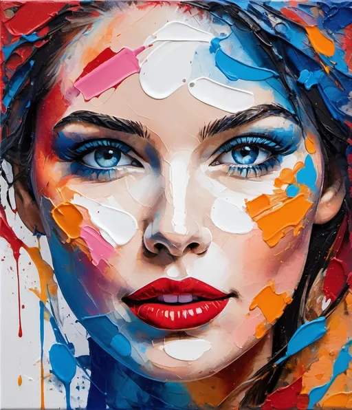 Prompt: Abstract impressionist, vibrant closeup painting of a beautiful woman's face with a colorful, textured application of paint in thick impasto, encaustic texture, splatter of gradient crossed colors mixture on the side, blue, orange , red pink, painting optical illusion swirling impasto texture, blue eyes, red lipstick, white background