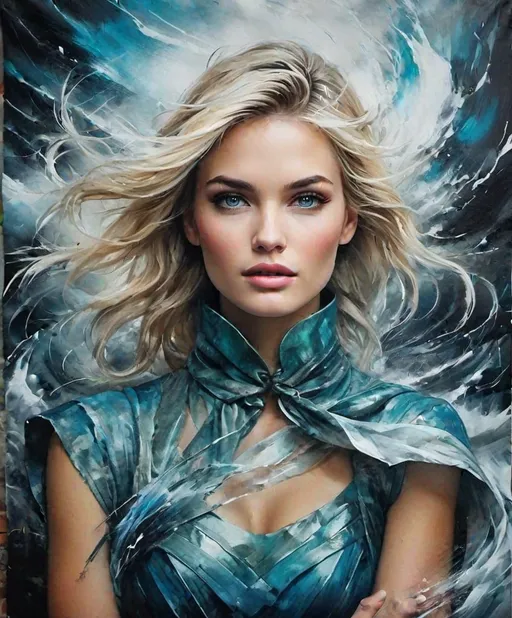Prompt: style of Style By Paco yao, Jean-Sebastien Rossbach, Dina Wakley, Elisabeth Fredriksson: This beautiful woman, Amidst the storm raging within her soul, there flickers a tiny ember of resilience, a whisper of defiance against the tide. She reaches out to grasp onto fragments of light, to weave them into a tapestry of hope. A beautiful surreal, imaginative portrait, patina effect, craquelure, tempera.
