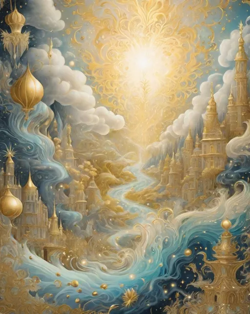 Prompt: will-o'-the-wisp golden hypermaximalism pencil illustration, celestial and ethereal manifestation of rococo fantastical ephemeral chaotic dreams and fantastical creatures in a terragenaic landscape, gold leaf everything 