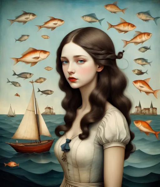 Prompt: In style of christian Schloe and daria Petrilli, a beautiful young lady whose hair is also a sea with sailing boats and fishes. Naive art, extremely detailed, optical illusion, oil painting 
