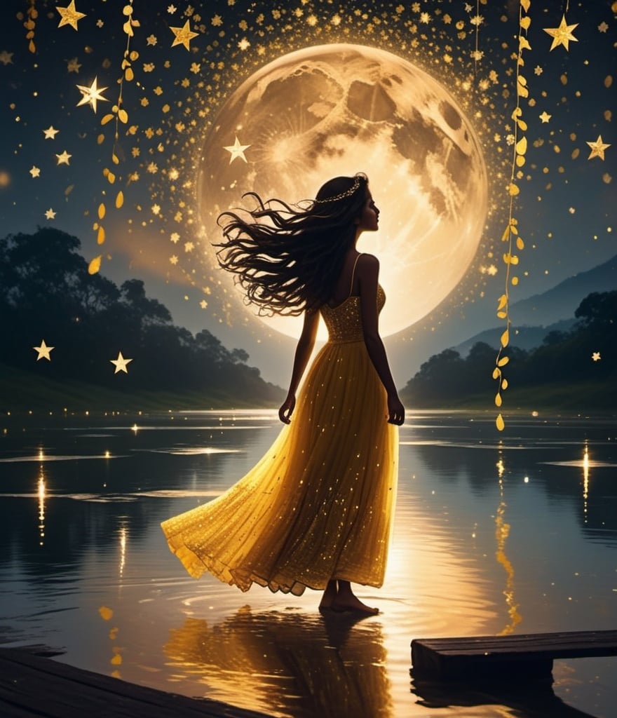 Prompt: The beautiful girl, she glimpses dreams washed in golden rain, Each sunrise whispers secrets untold, in silent reverie, she dances with stars, yearning to break free from earthly bars to the cosmic tale, let her wander, let her dream, for within her soul, a wild gleam, to unlock the infinite.