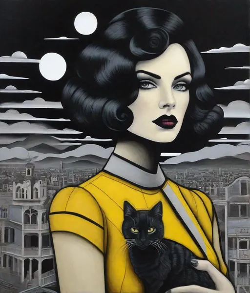 Prompt: Vladimir Tretchikoff, Jessica Galbreth, Ruben Ireland, John Lovet, Paolo Uccello, Ghostly beautiful eccentric girl, rockabilly fashion hair style, wearing a strange asymmetrical black dress with white random stitches, holding a creepy cute yellow cat, a encaustic gothic dreamy landscape background, Stormy grey sky, by Sam Chivers, piercing odd colored eyes