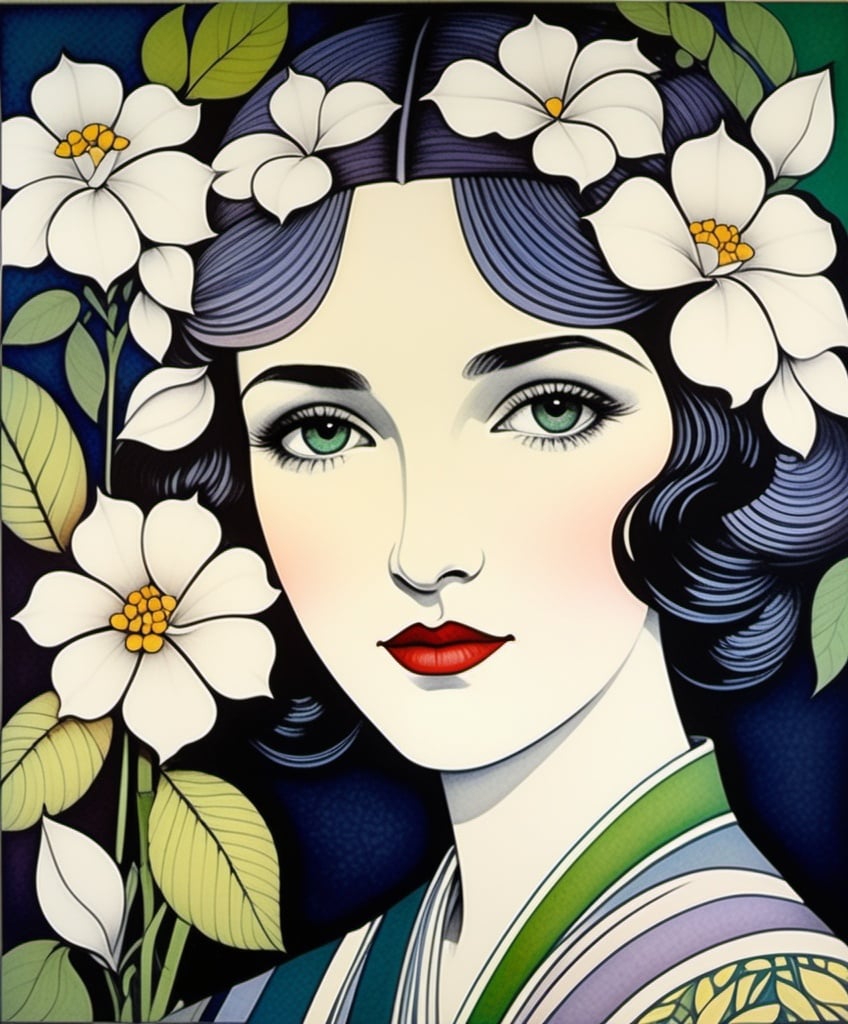 Prompt: Lithography print, encaustic texture, gradient inking colors, Irmgard Schoendorf Welch, Javier Mariscal, Charles Rennie Mackintosh, Lee Mullican style, a beautiful whimsical young woman, gardenia flowers, decoupage.