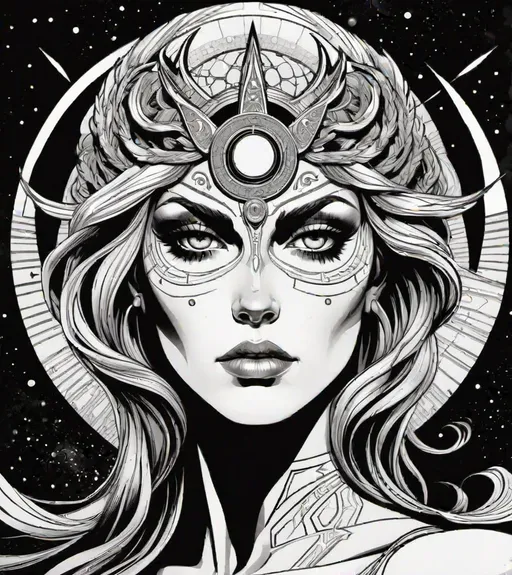 Prompt: metallichead's art print of the heliocentric sun face goddess of destruction, in the style of becky cloonan, in the style of samson pollem, in the style of john buscema, comic art, grotesque beauty, gritty horror comics, womancore, nightmarish imagery, in the style of detailed character illustrations 