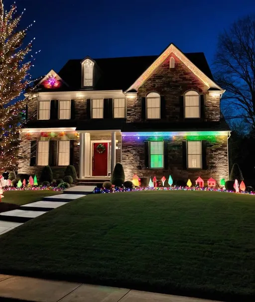 Prompt: modern family fine in NJ with color Christmas lights and lawn decoration for the holidays