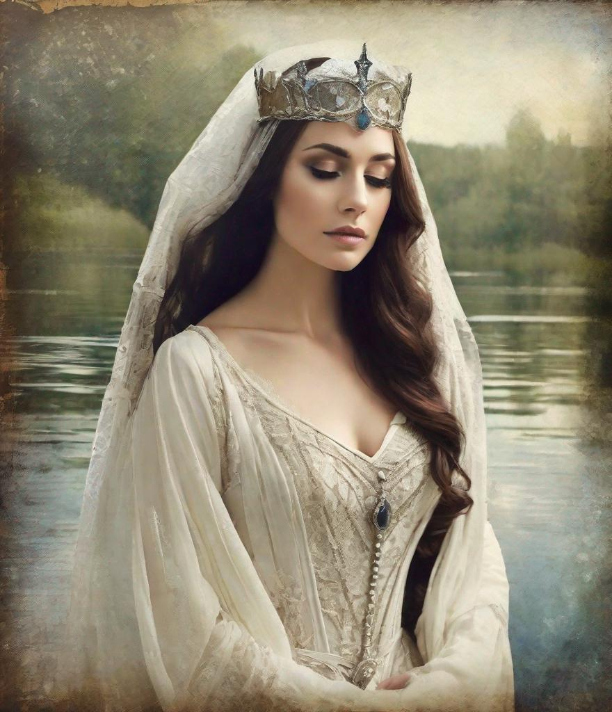 Prompt: lady of the lake ,long white medieval grunge gown, veil, old picture effect, craquelure, tempera 