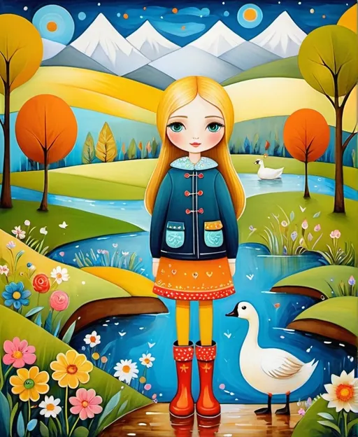 Prompt: naive art style, tetyana erhart art, Anna Silivonchik art, Evgenia Gapchinska art, a pretty cute girl and a goose wearing colour rubber boots in a whimsical landscape 