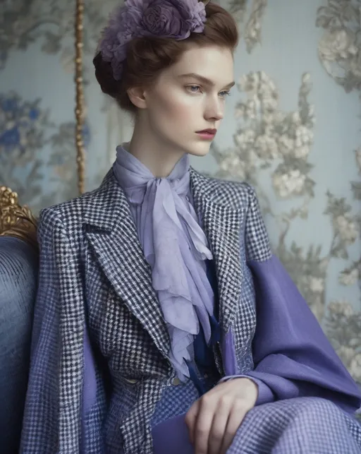 Prompt: sartorial sea princess, elegant, romanza, fine detail, houndstooth, checks, wooly, lavender, ultramarine, titanium, Photography by milo manara, Romina ressia , James CHristensen  