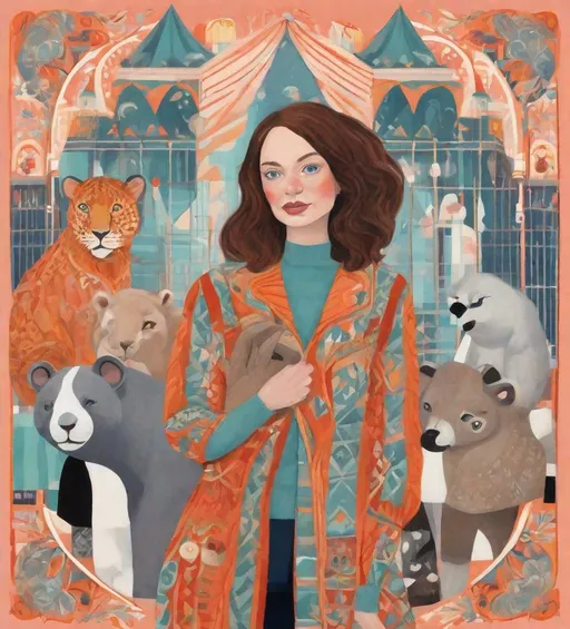 Prompt: Bond girl with blowing hair climbing gate to the Moscow circus with giant animals , in the style of chalcedony folk art-inspired illustrations, bold patterned quilts, pastel colours, bloomcore, mixes painting and ceramics, precise, detailed architecture paintings, cute and dreamy, illustration by Olivia Gibbs, Victoria Ball, ugly sweater patchwork 