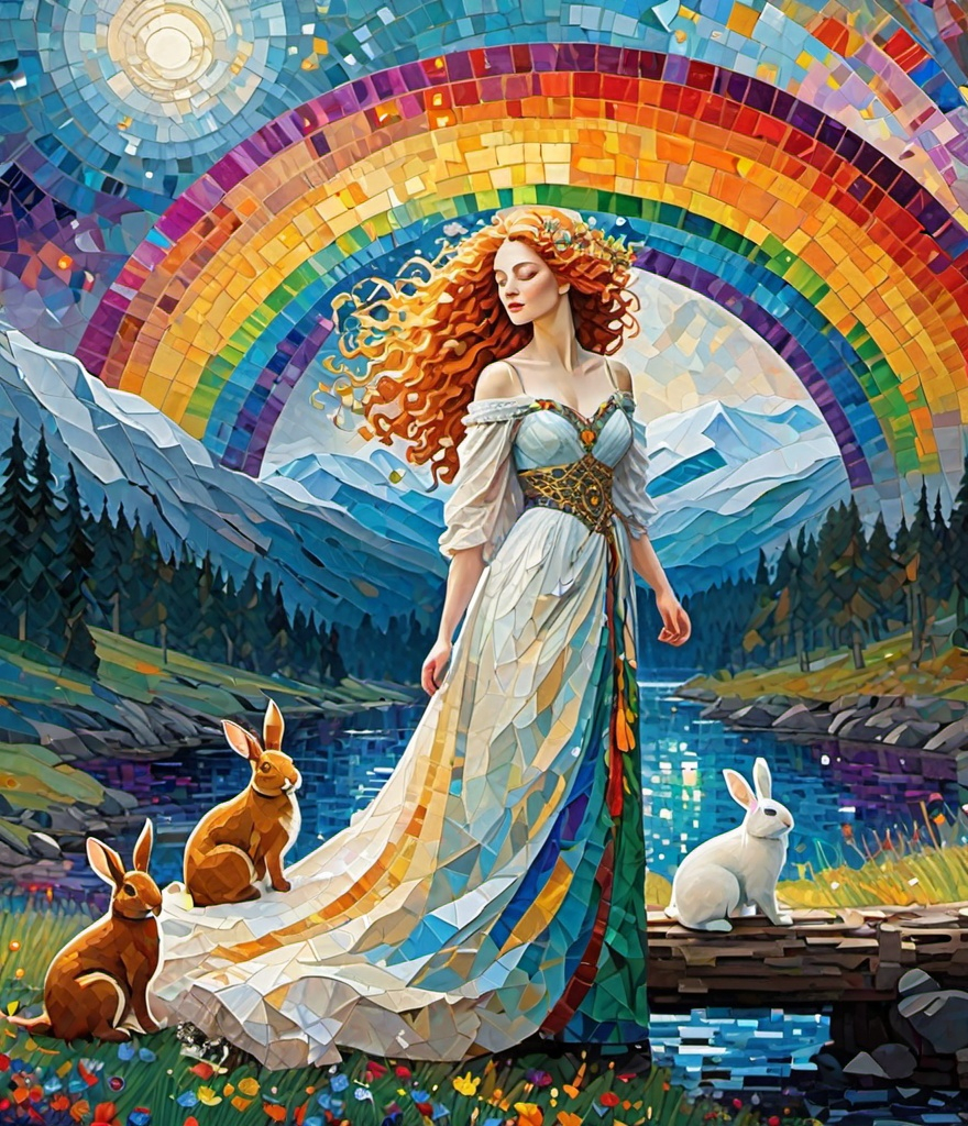 Prompt: Thick pallet impasto, snowy hair, mosaic, Bifrost goddess playing with her bunnies across the rainbow bridge, In Norse mythology, Bifröst (/ˈbɪvrɒst/), also called Bilröst, is a burning rainbow bridge that reaches between Midgard (Earth) and Asgard, the realm of the gods, by Charis Tsevis, Gustav Klimt 