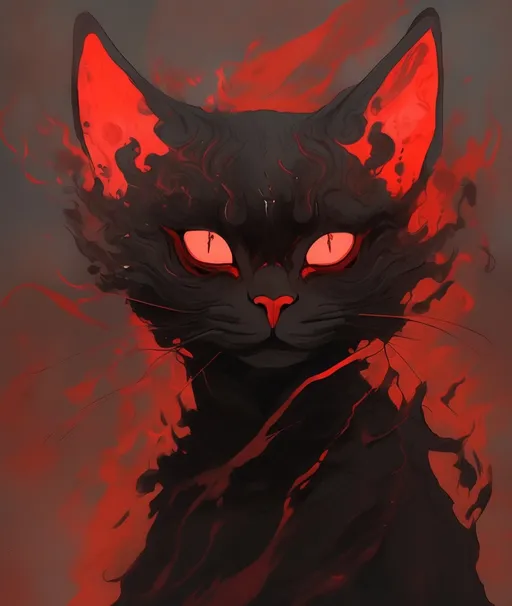 Prompt: faerie cat with long piercing black eyes, in the style of #screenshotsaturday, distorted and exaggerated human figures, smokey background, dark brown and red, nightcore, lit kid, whirly 