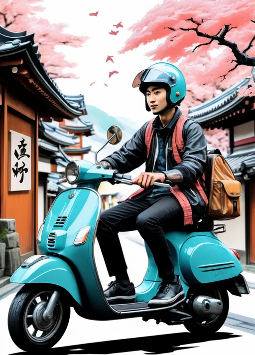 Prompt: **a heavily inked manga panel of a courier riding a vespa in kyoto, detailed face, constructivist glitch art,  3d,  imax quality visuals, ilm, weta digital, 32k uhd 